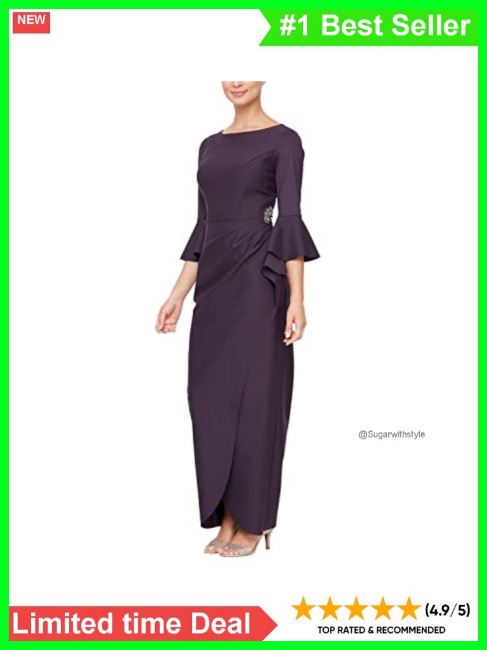 Slimming Long Side Ruched Sheath Dress Bell Sleeve Formal